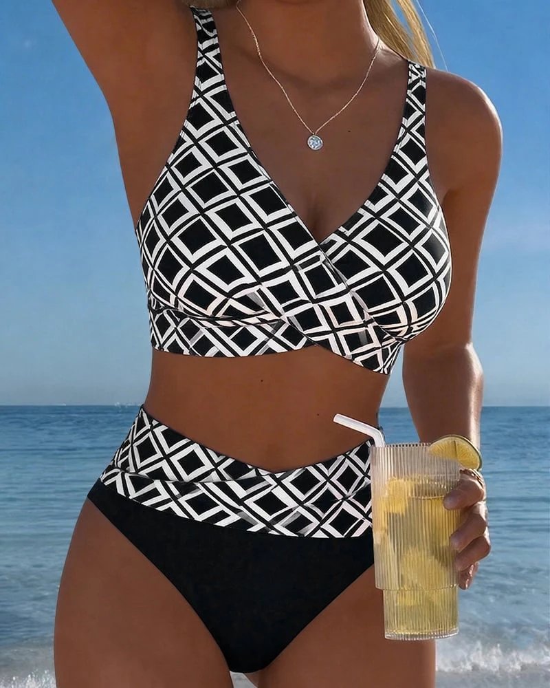 Fanny™ – Geometrisk Mønster Høyt Liv Bikini Sett