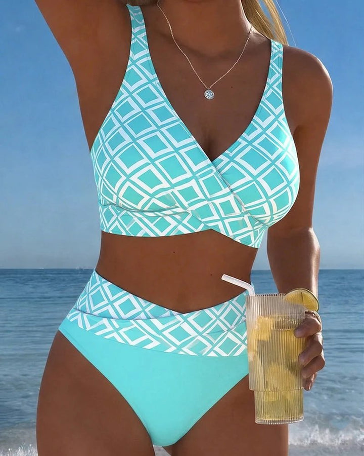 Fanny™ – Geometrisk Mønster Høyt Liv Bikini Sett