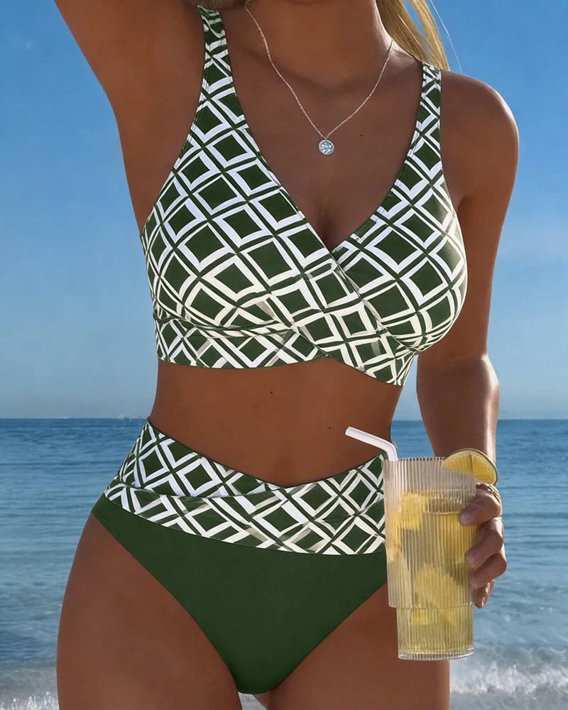 Fanny™ – Geometrisk Mønster Høyt Liv Bikini Sett