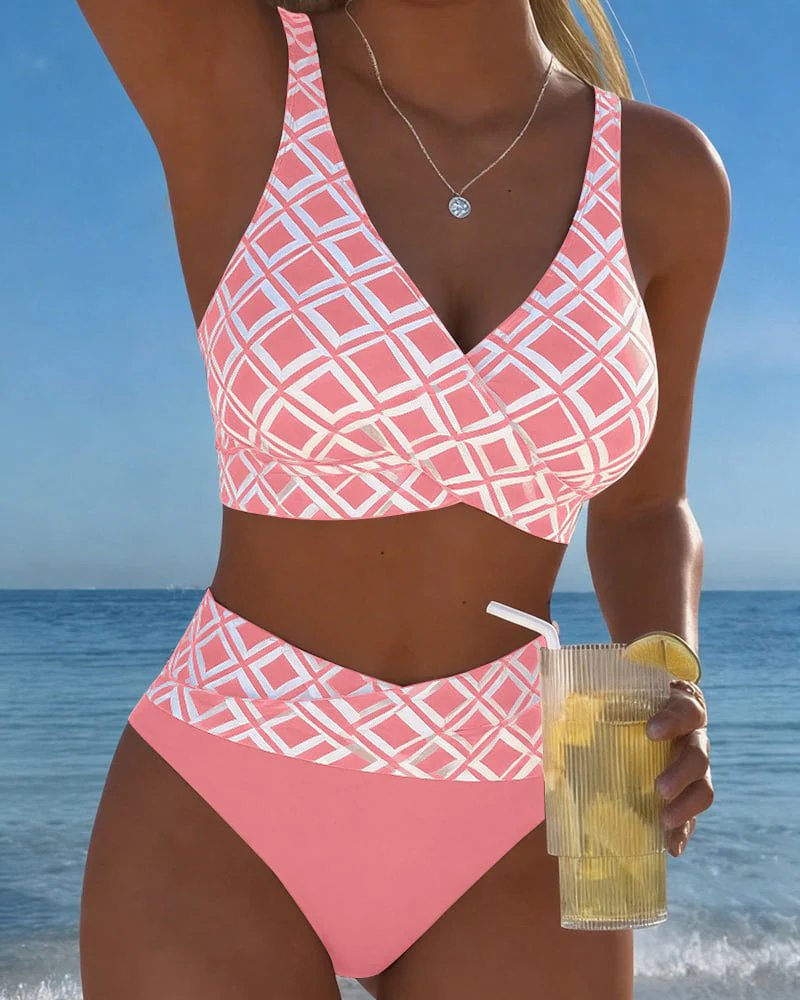 Fanny™ – Geometrisk Mønster Høyt Liv Bikini Sett
