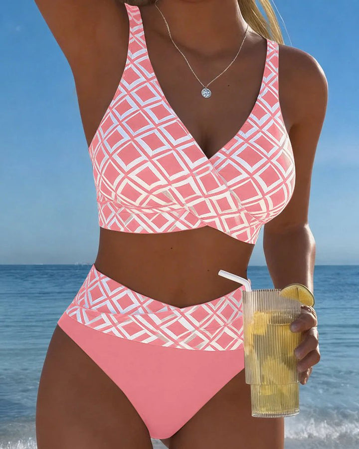 Fanny™ – Geometrisk Mønster Høyt Liv Bikini Sett