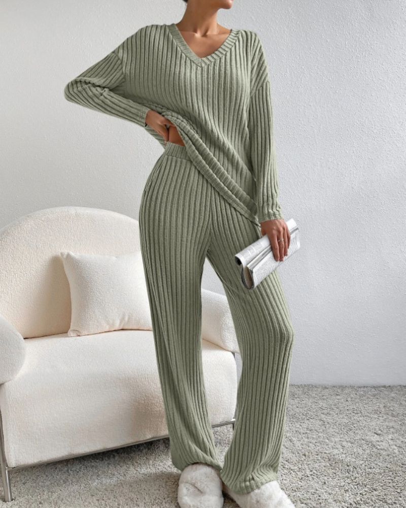 Aurora™ - Elegant V-hals Langermet Topp og Bukse Sett