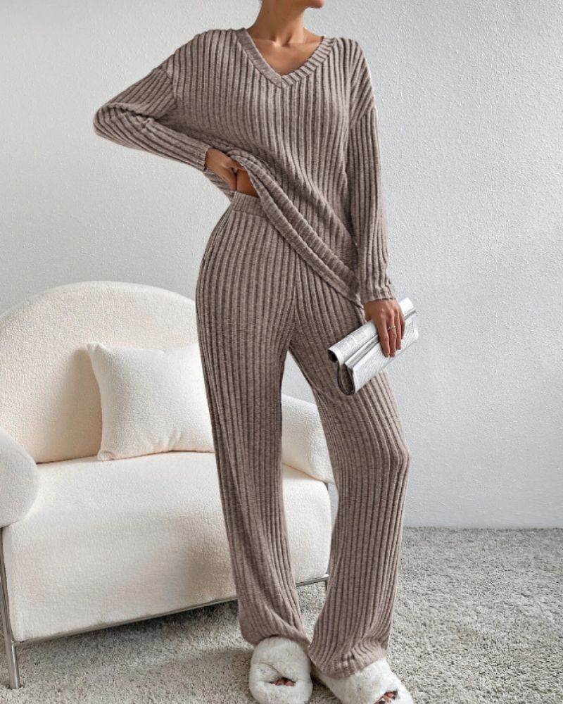 Aurora™ - Elegant V-hals Langermet Topp og Bukse Sett