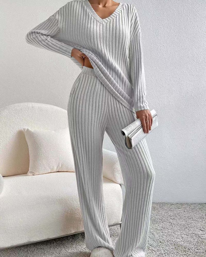 Aurora™ - Elegant V-hals Langermet Topp og Bukse Sett