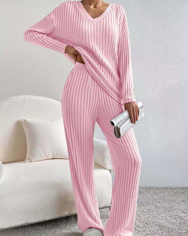 Aurora™ - Elegant V-hals Langermet Topp og Bukse Sett