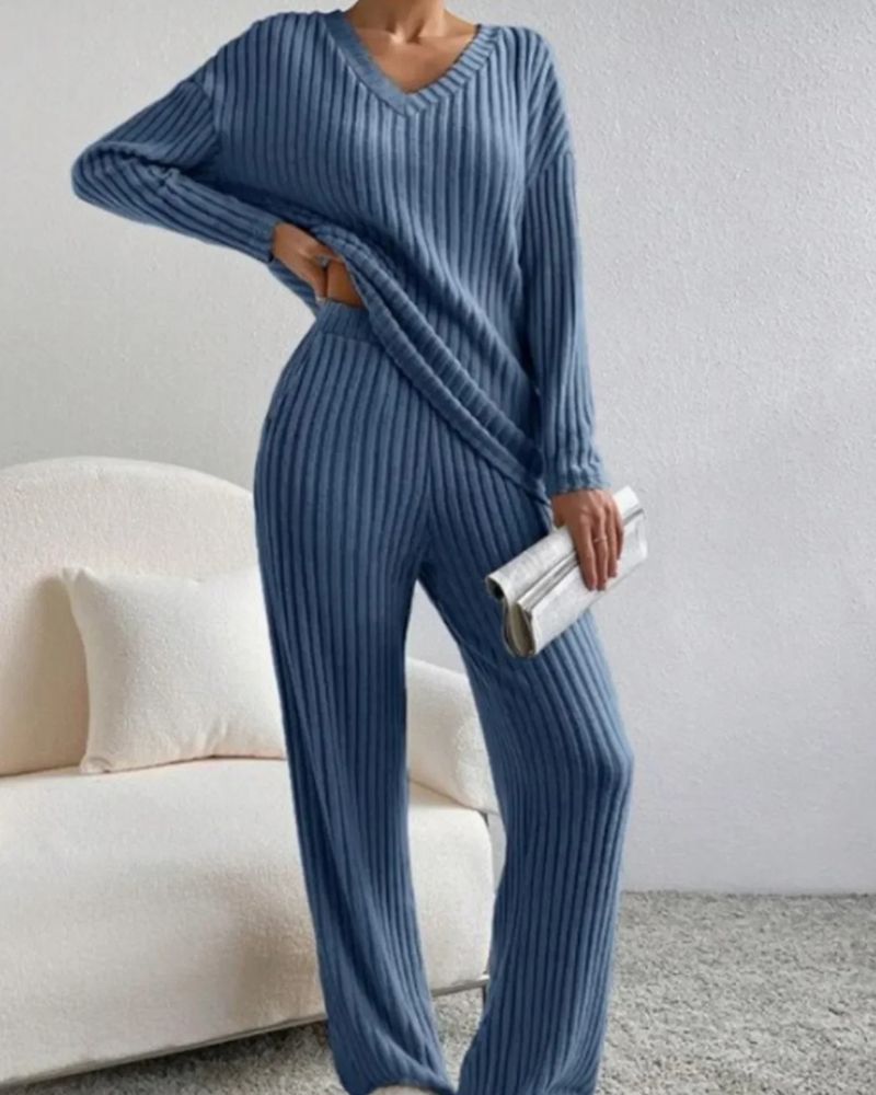 Aurora™ - Elegant V-hals Langermet Topp og Bukse Sett