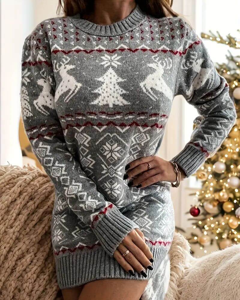 Bodil™ – Festlig Strikket Julekjole med Lange Ermer