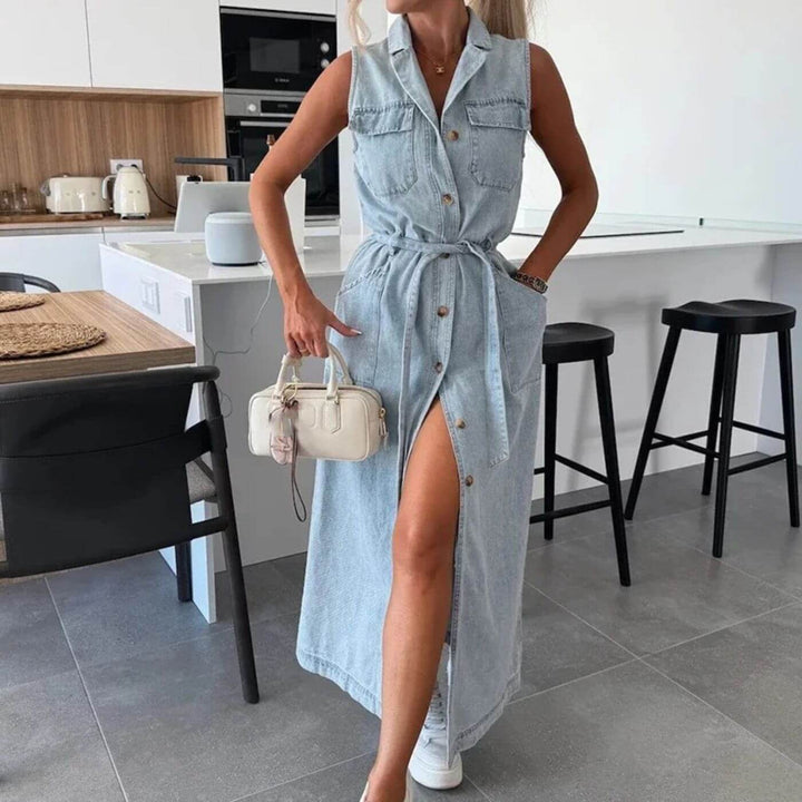 Charlotte™ – Stilig Denim Knappekjole i Maxi-lengde