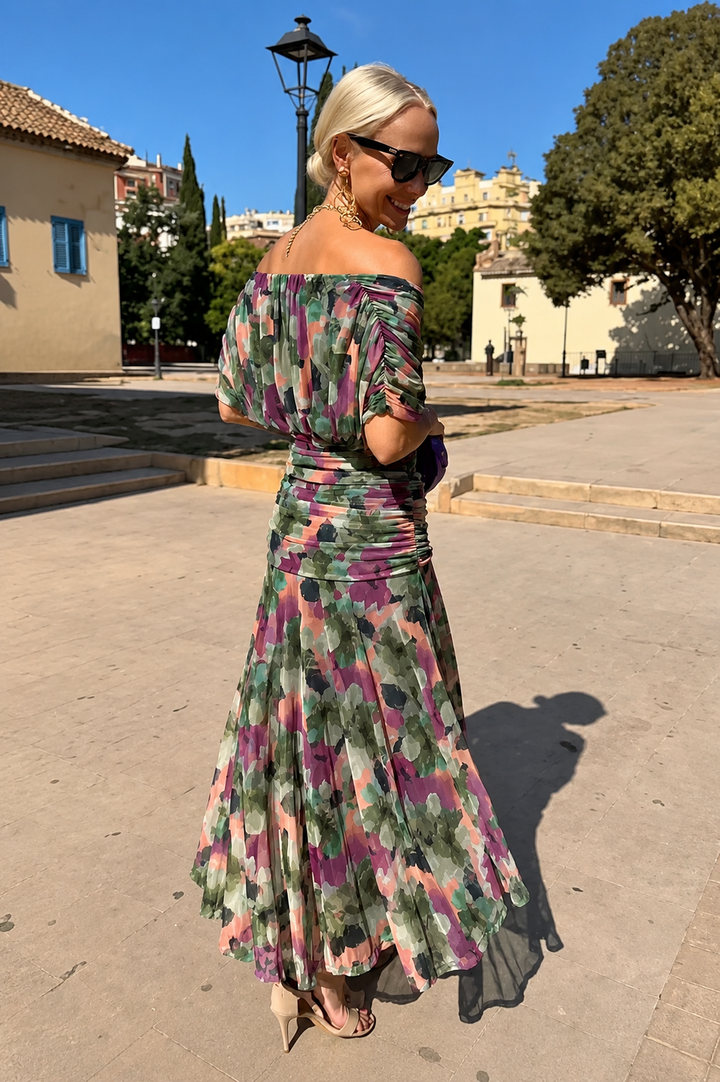 Hedda™ – Blomstrete Off-Shoulder Plisse Maxi Kjole