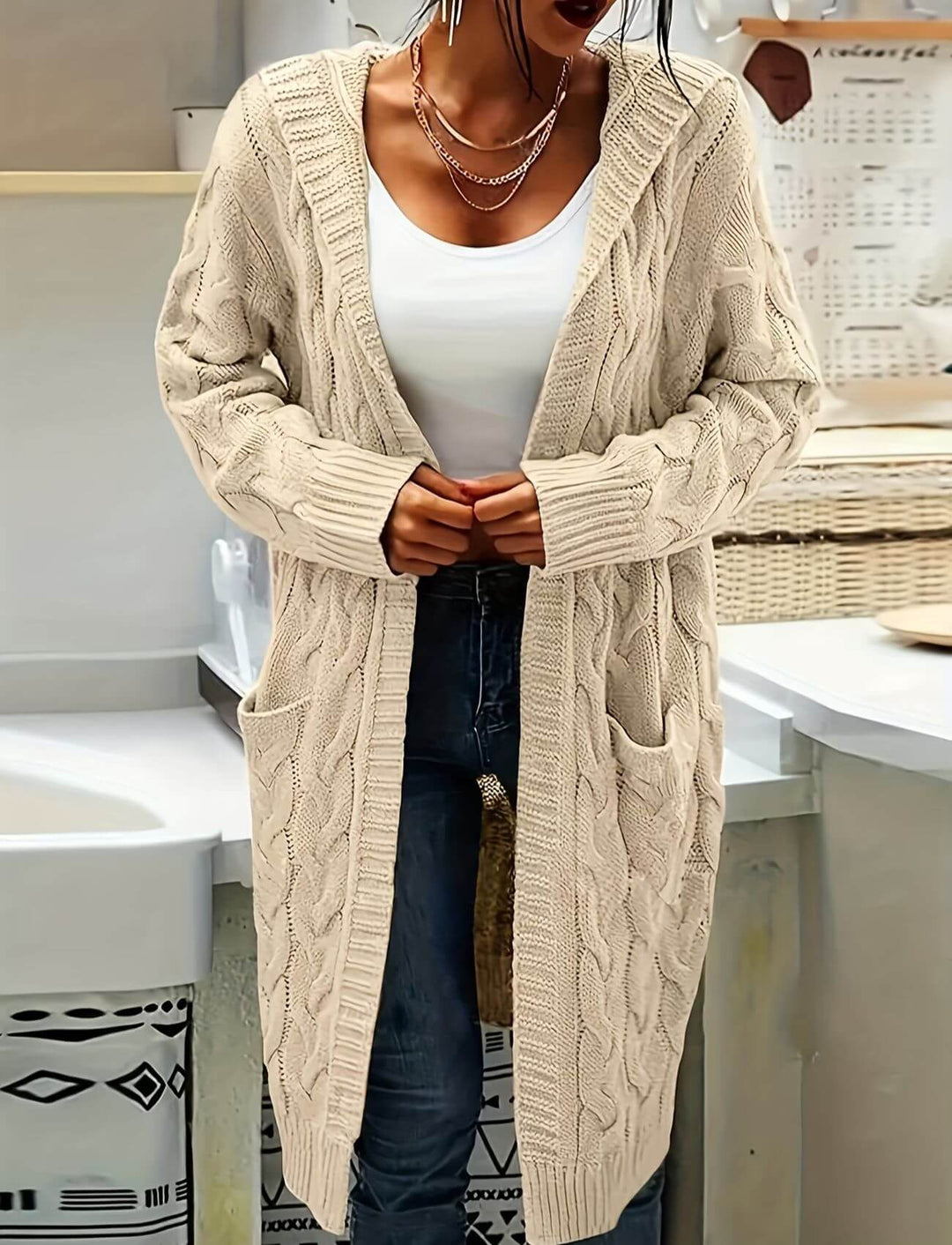 Ellinor™ - Lang strikket cardigan med hette