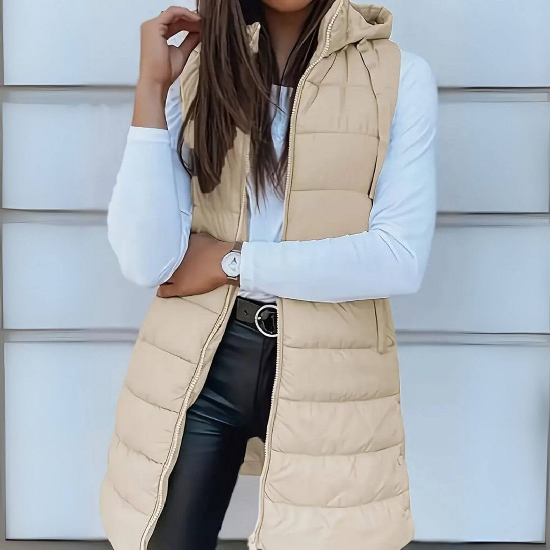Elvia™ - Ermeløs lang puffer-vest med hette