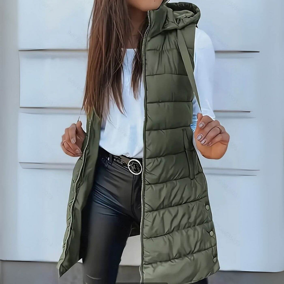 Elvia™ - Ermeløs lang puffer-vest med hette