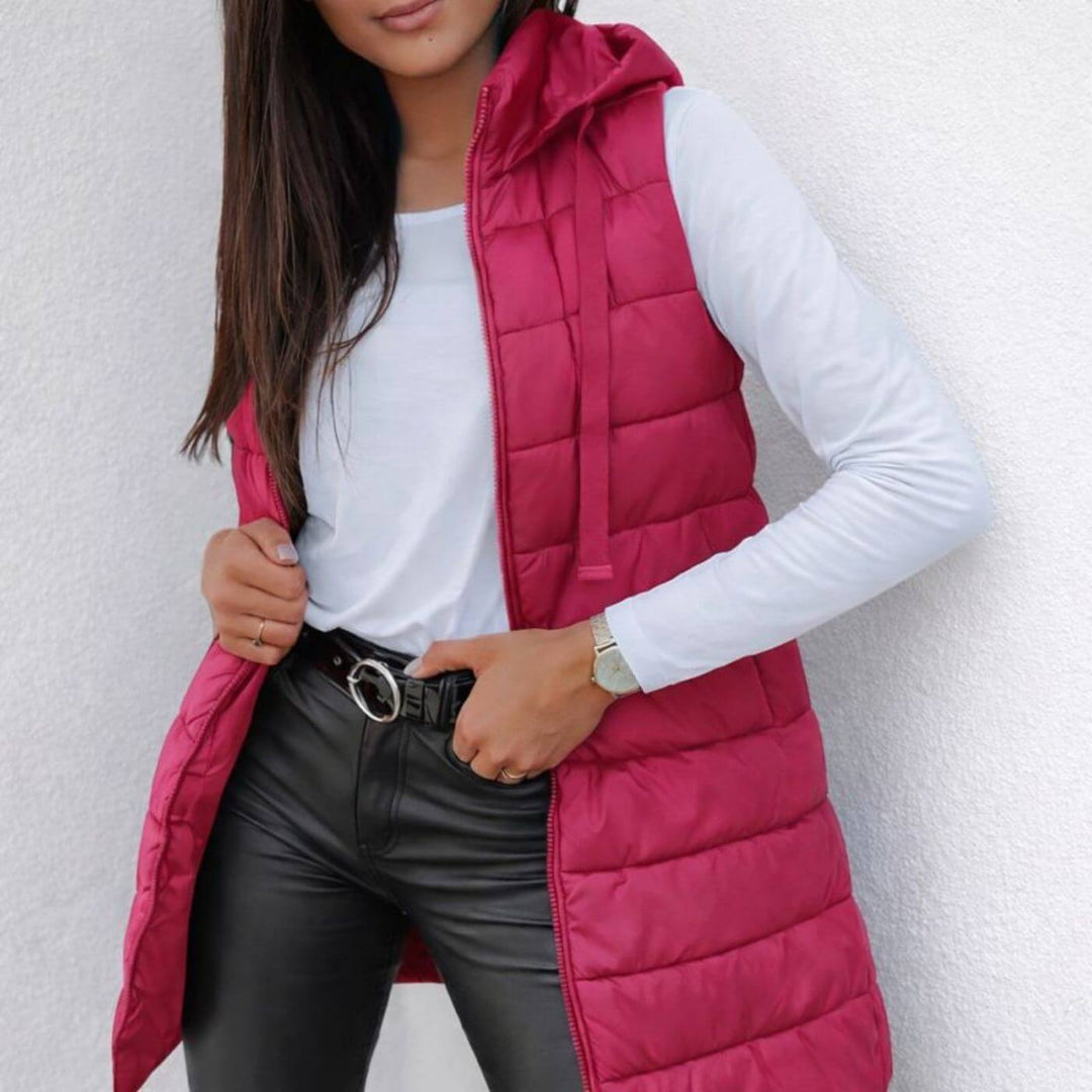 Elvia™ - Ermeløs lang puffer-vest med hette