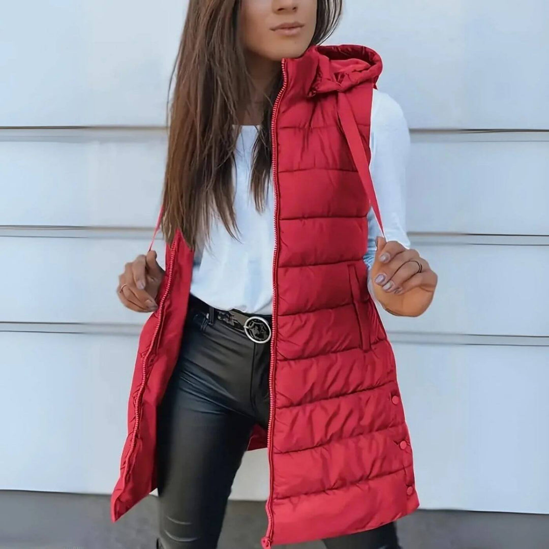 Elvia™ - Ermeløs lang puffer-vest med hette