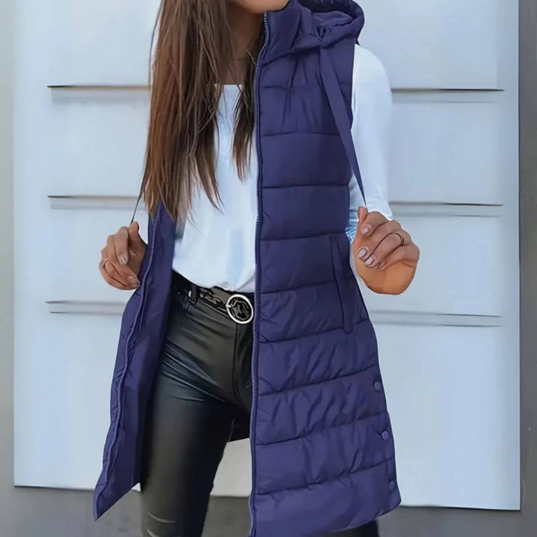 Elvia™ - Ermeløs lang puffer-vest med hette
