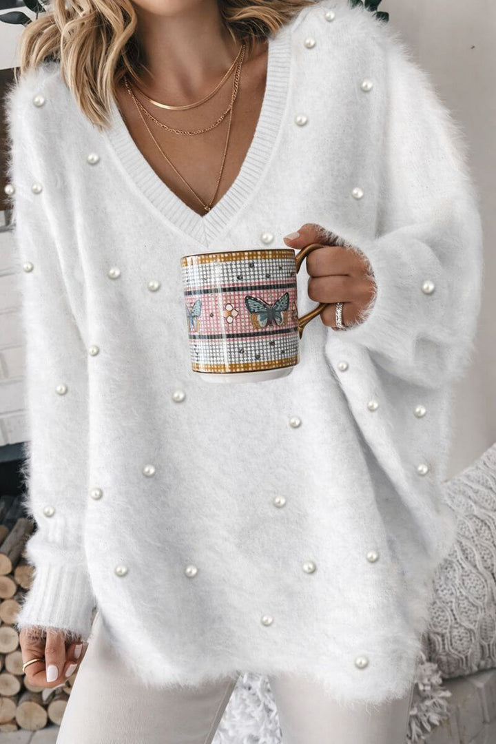 Nora™ – Koselig V-hals genser med perler