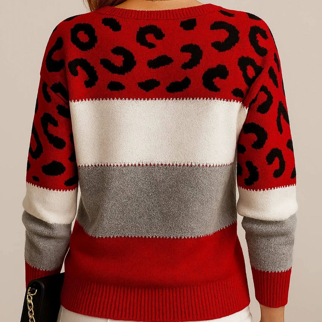 Yvonne™- Strikket Genser med Leopardmønster og Fargeblokker