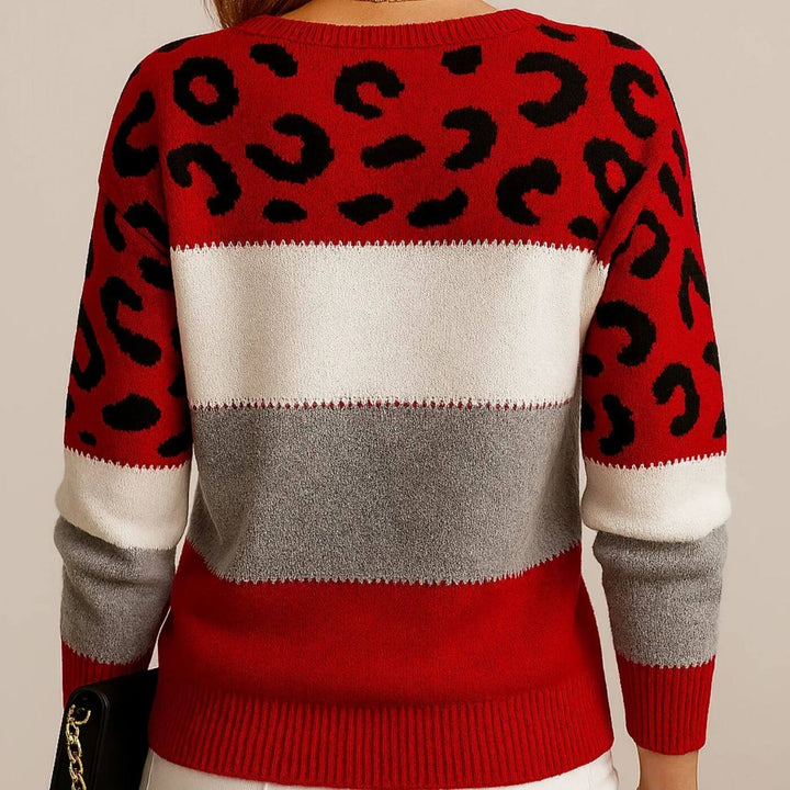 Yvonne™- Strikket Genser med Leopardmønster og Fargeblokker