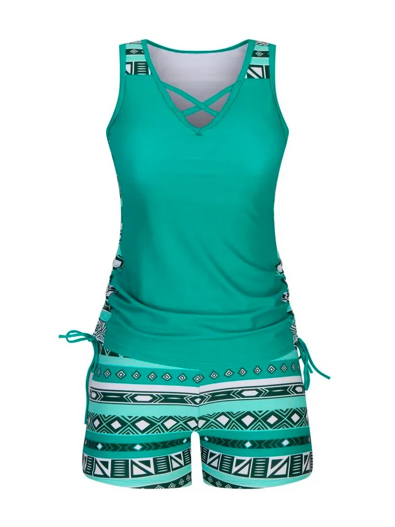 Sara™ – V-hals Geometrisk Mønster Tankini Sett