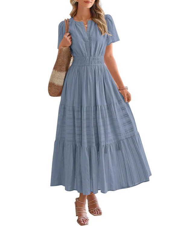 Emilie™ – V-hals Smocked Midje Lagdelt Maksikjole