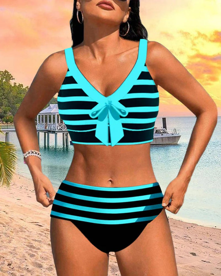 Irene™ – Stripete Høy Midje Bikini Sett med Sløyfedetalj