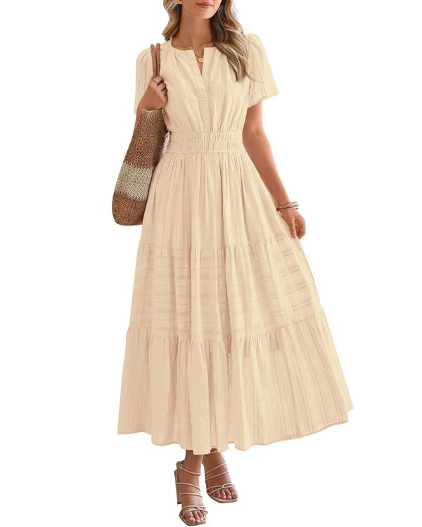 Emilie™ – V-hals Smocked Midje Lagdelt Maksikjole