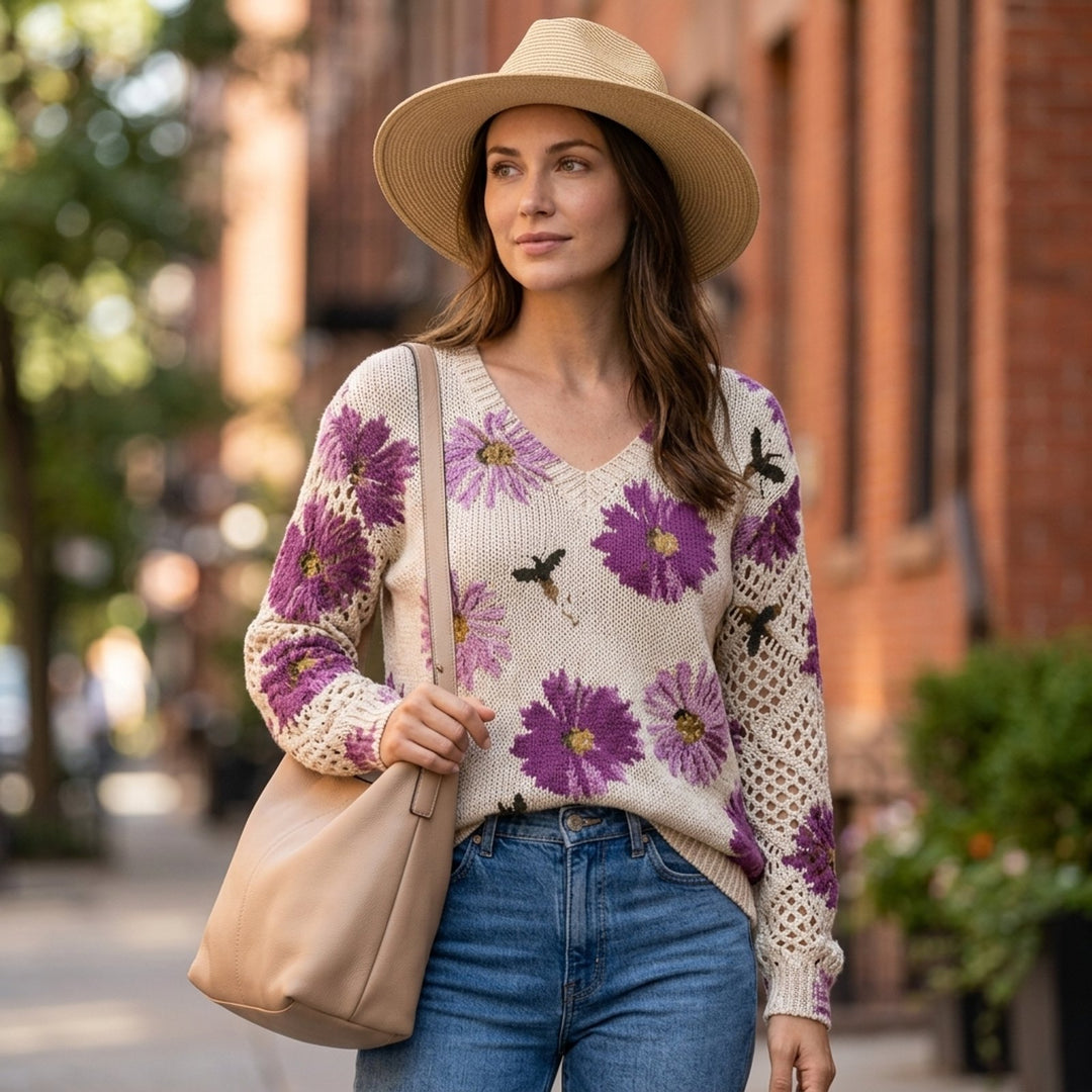 Anna™ – Blomstrete V-hals Strikkegenser