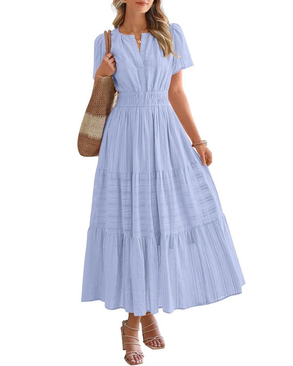 Emilie™ – V-hals Smocked Midje Lagdelt Maksikjole