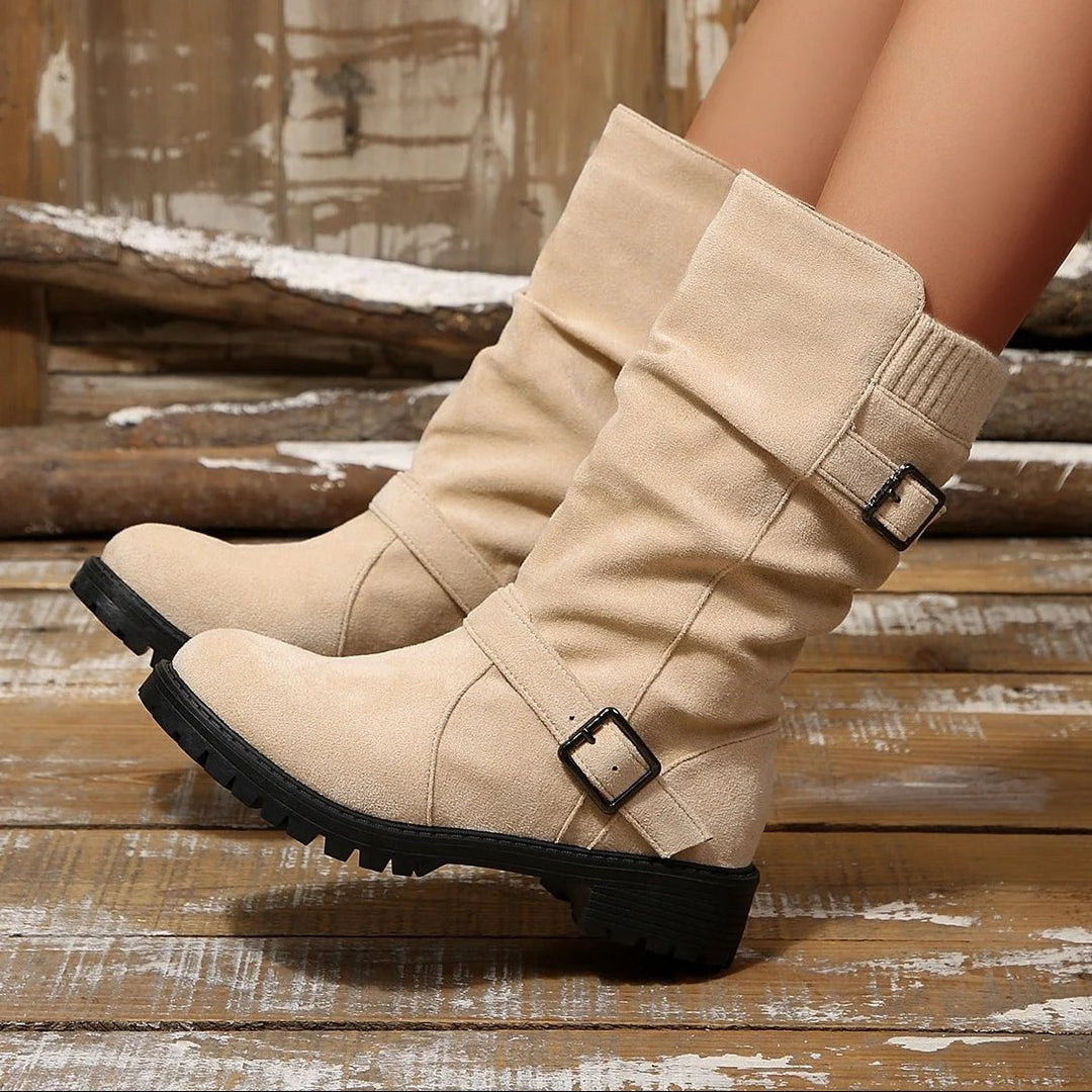 Laila™ – Buckled Mid-Calf Strikkede Mansjettstøvler