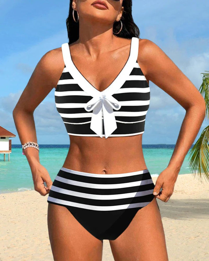 Irene™ – Stripete Høy Midje Bikini Sett med Sløyfedetalj