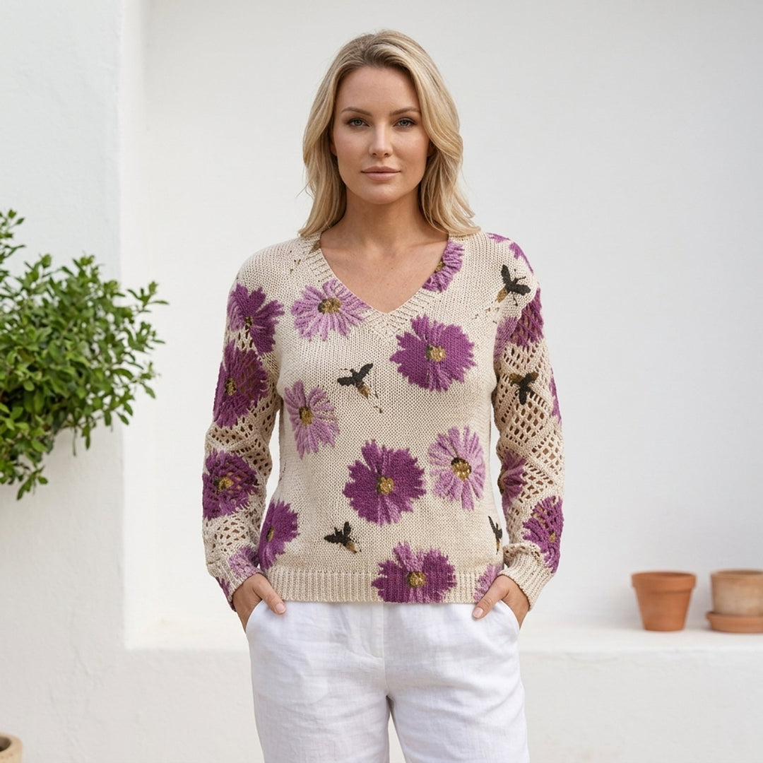 Anna™ – Blomstrete V-hals Strikkegenser