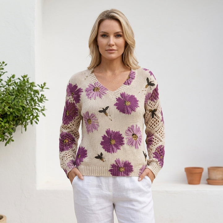 Anna™ – Blomstrete V-hals Strikkegenser