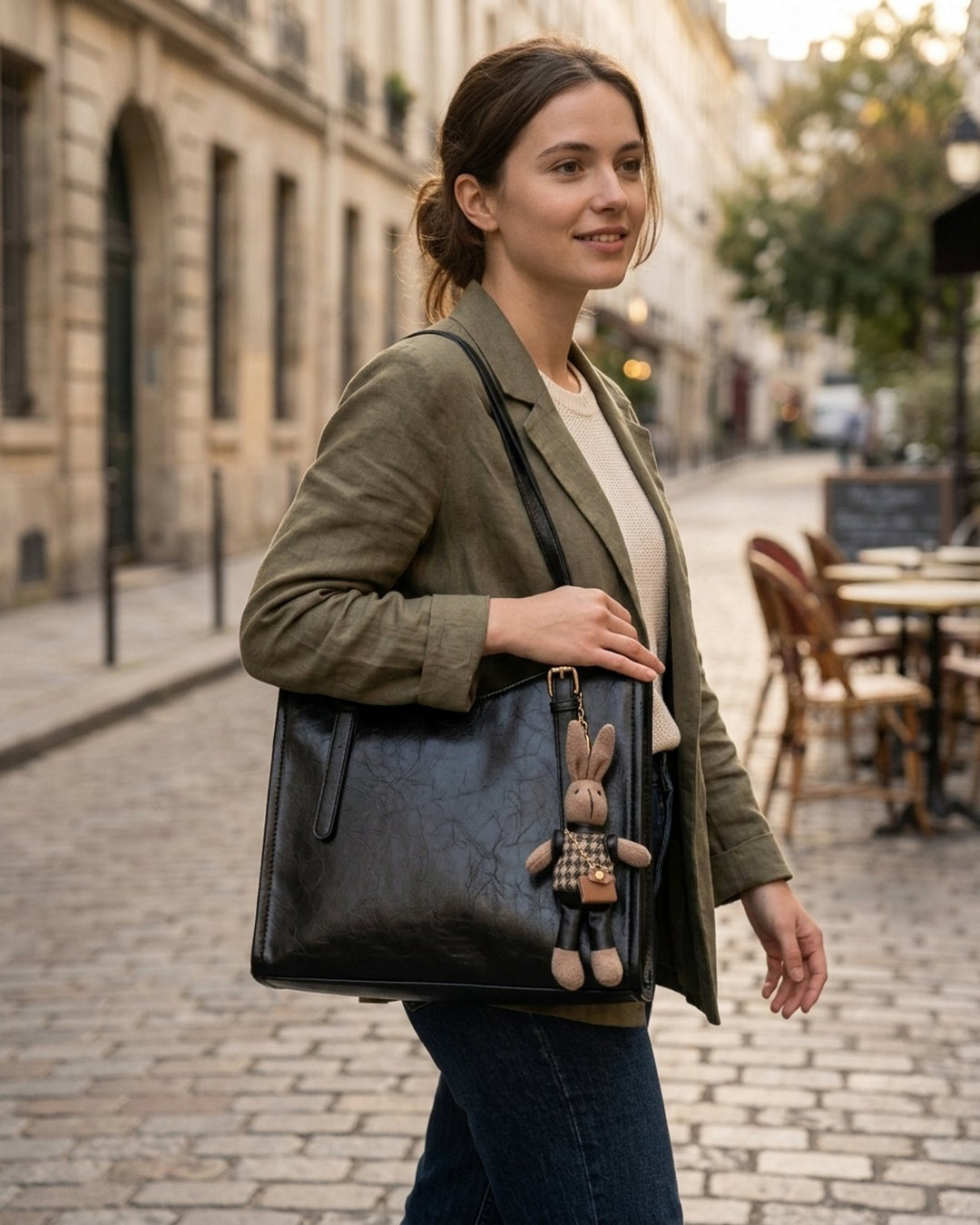 Karoline™ – Strukturert vegan skinn totebag med charm