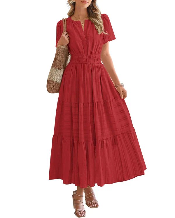 Emilie™ – V-hals Smocked Midje Lagdelt Maksikjole