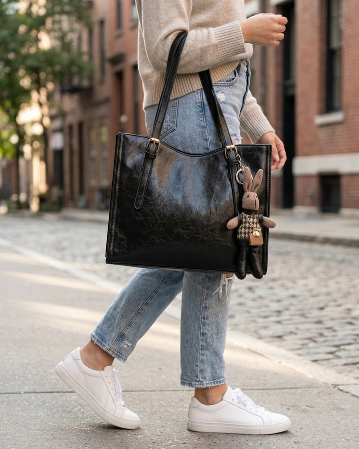 Karoline™ – Strukturert vegan skinn totebag med charm