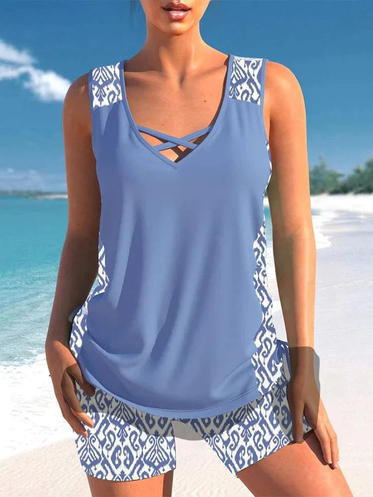 Sara™ – V-hals Geometrisk Mønster Tankini Sett