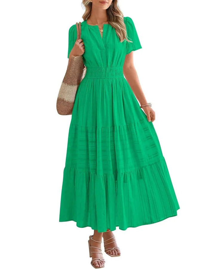 Emilie™ – V-hals Smocked Midje Lagdelt Maksikjole