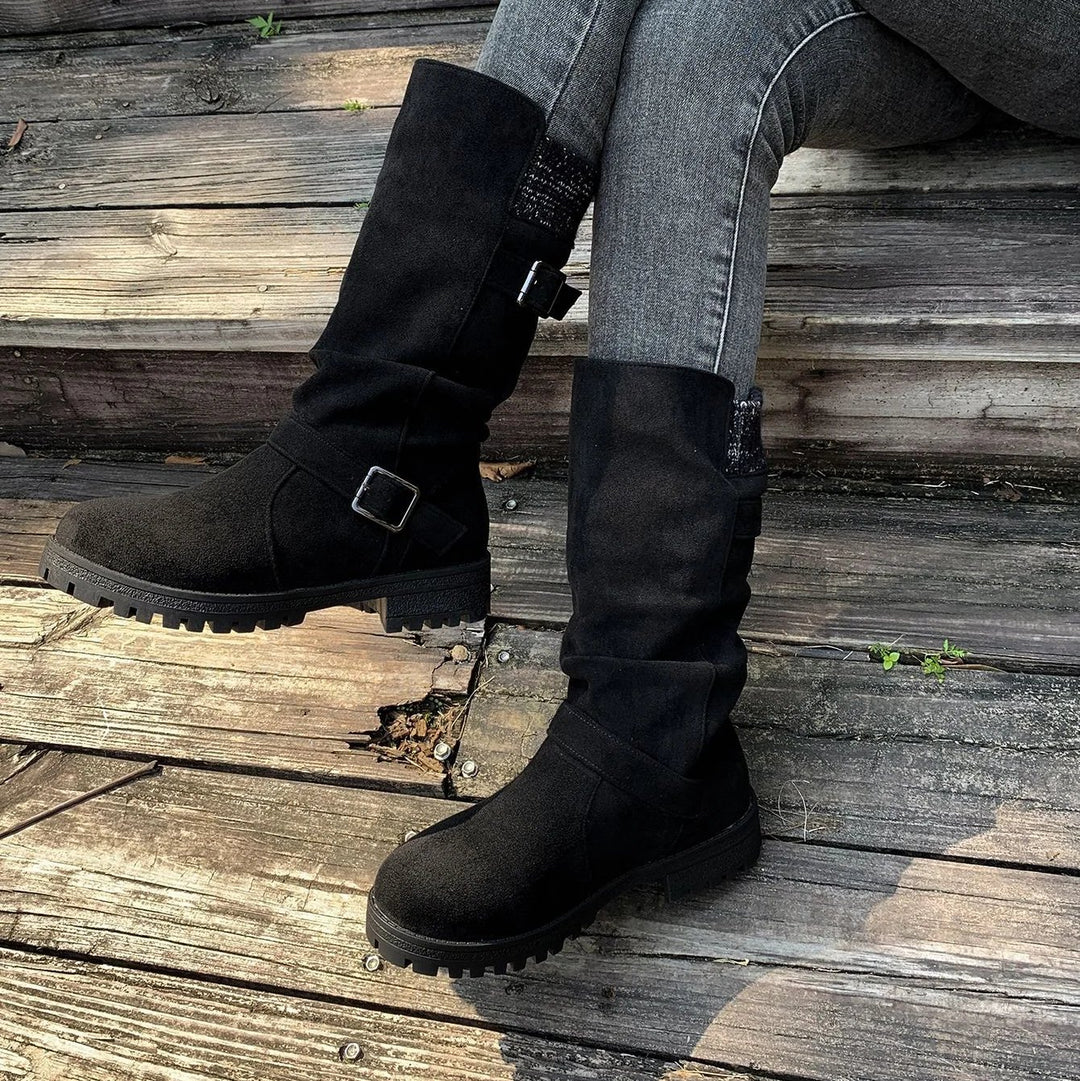 Laila™ – Buckled Mid-Calf Strikkede Mansjettstøvler