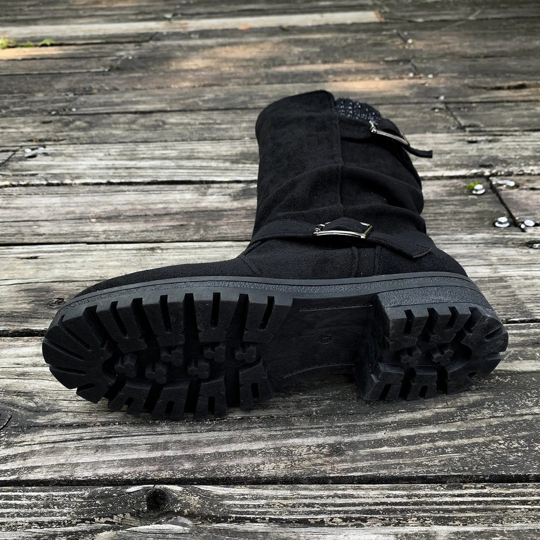 Laila™ – Buckled Mid-Calf Strikkede Mansjettstøvler