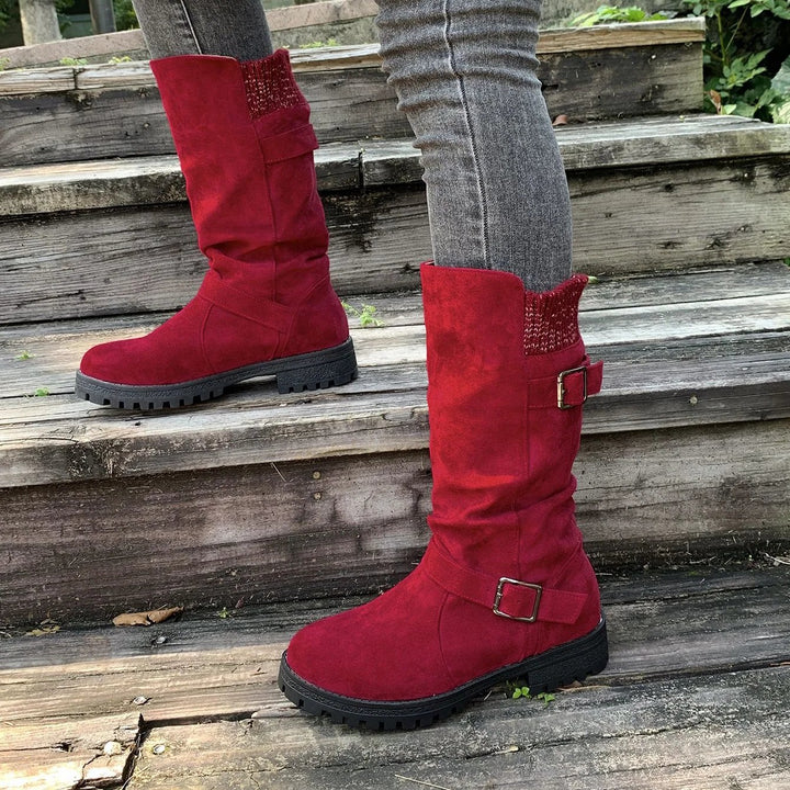 Laila™ – Buckled Mid-Calf Strikkede Mansjettstøvler