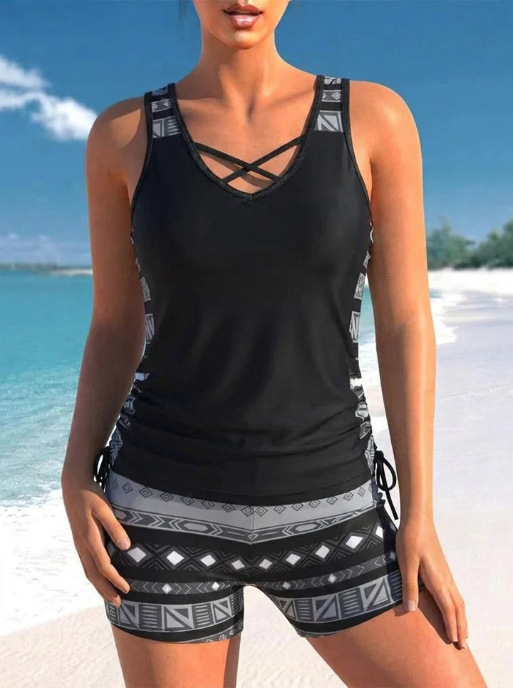 Sara™ – V-hals Geometrisk Mønster Tankini Sett