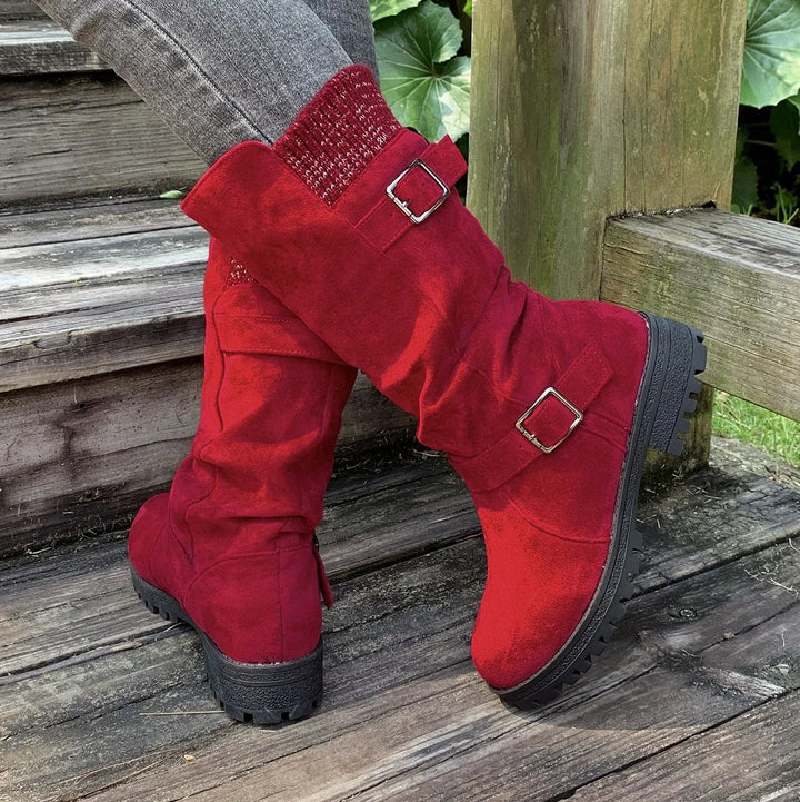 Laila™ – Buckled Mid-Calf Strikkede Mansjettstøvler
