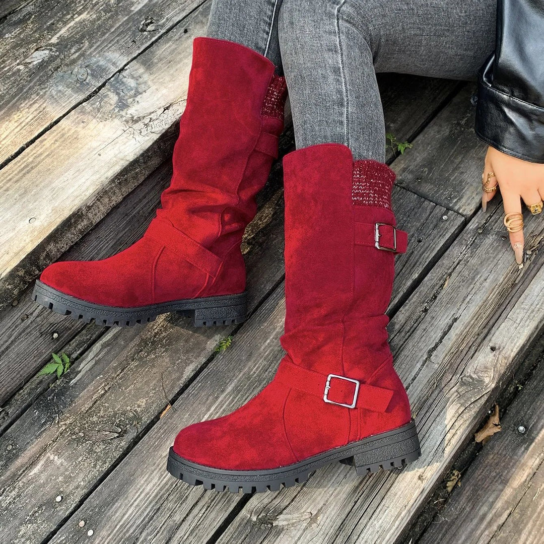 Laila™ – Buckled Mid-Calf Strikkede Mansjettstøvler