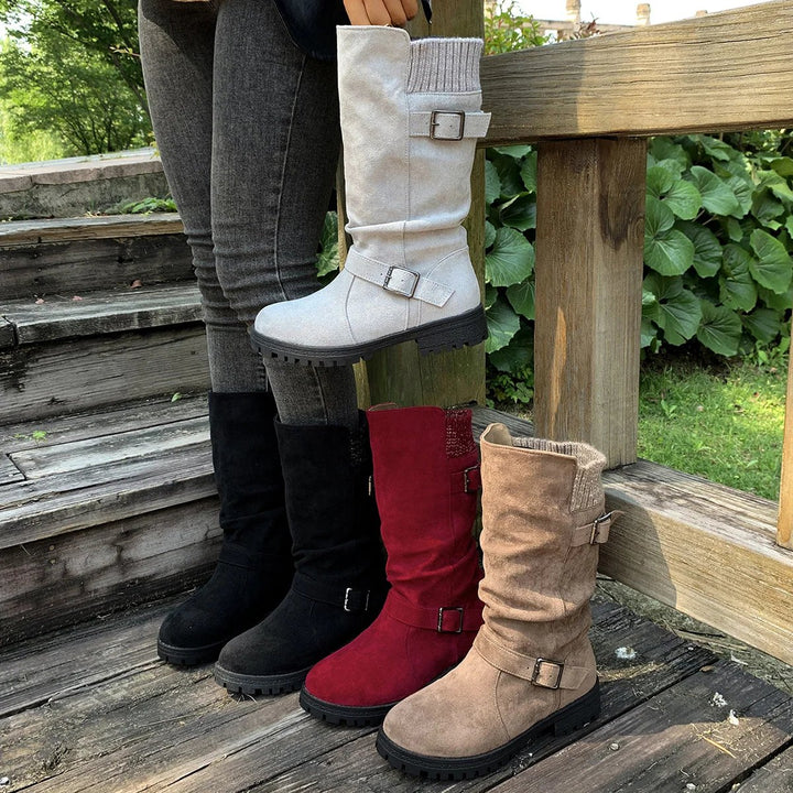 Laila™ – Buckled Mid-Calf Strikkede Mansjettstøvler
