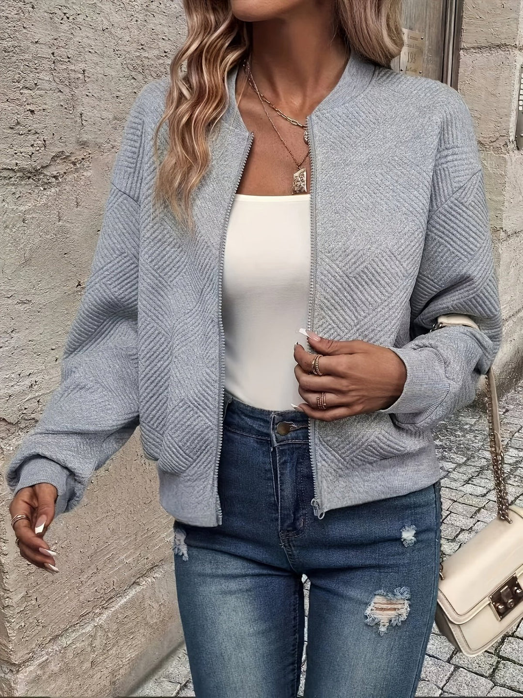 Laura™ – Teksturert Zip-Up Bomberjakke