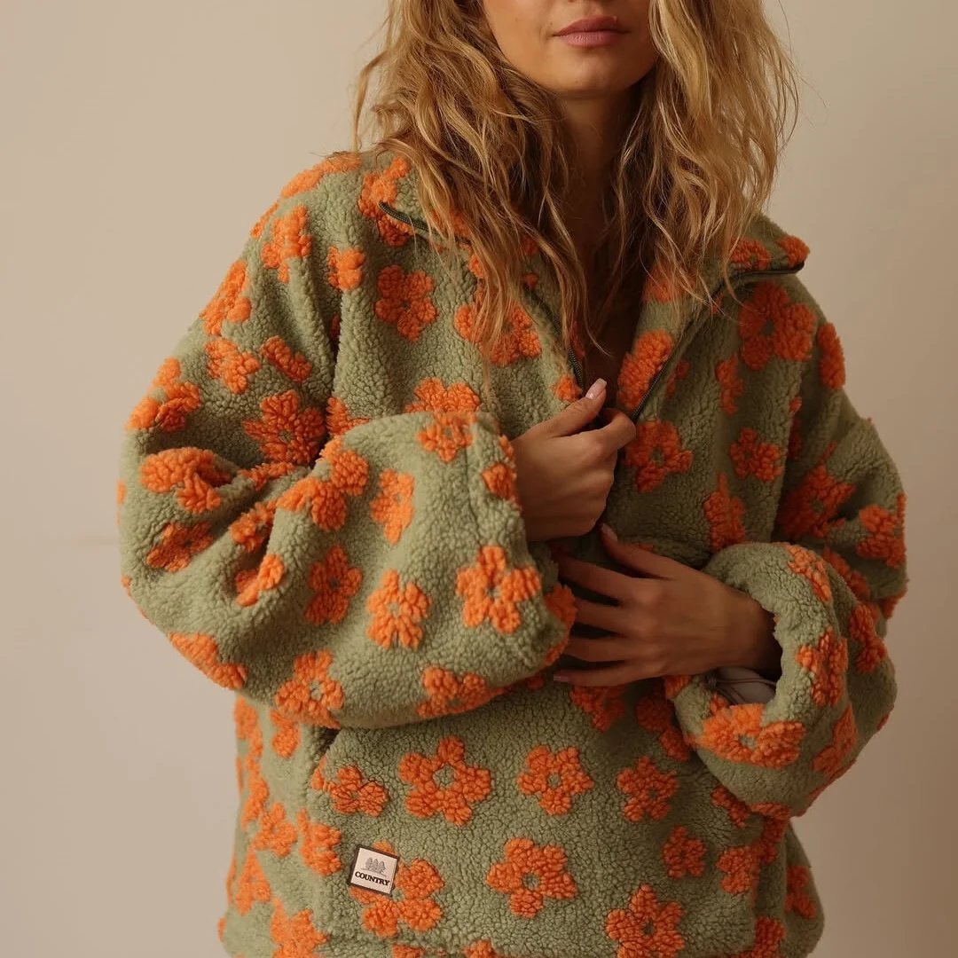 Flora™ – Blomstrete Sherpa Halv-Glidelås Pullover Fleece