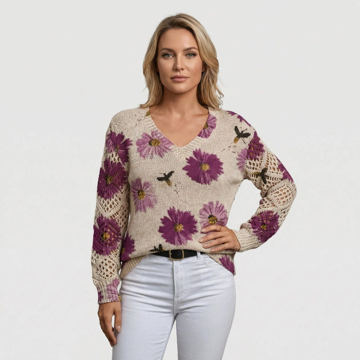 Anna™ – Blomstrete V-hals Strikkegenser