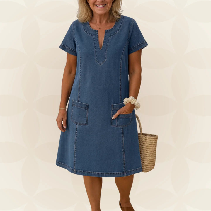 Dina™ – V-Utringet Kortsleev Pocket Shift Kjole
