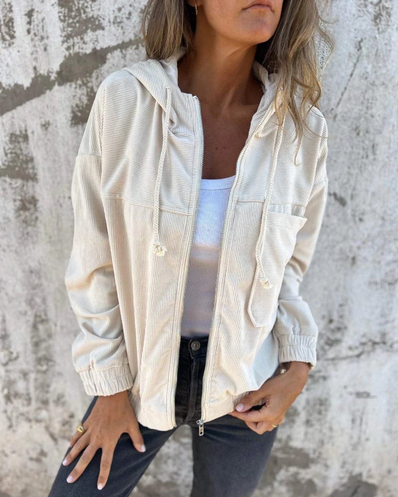 Sofie™ – Retro Cordfløyel Hettejakke med Glidelås
