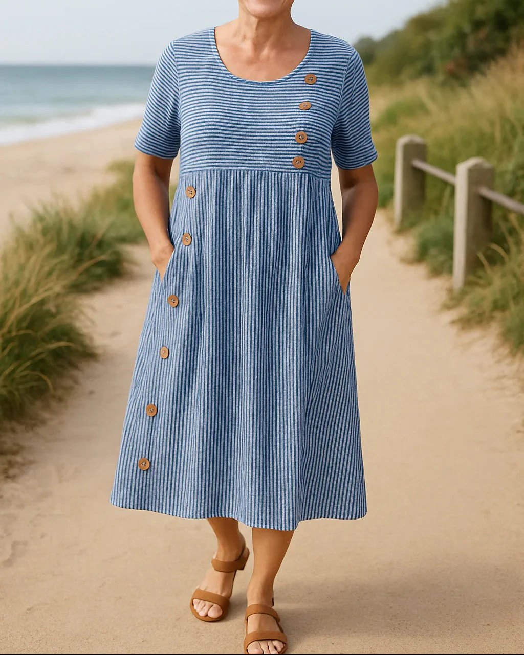 Marianne™ – Pustende Stripete A-Linje Midi Kjole
